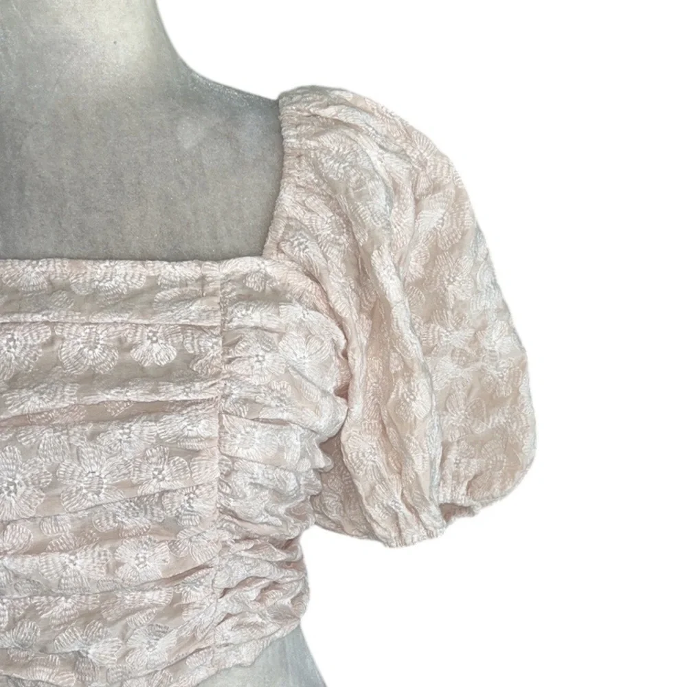 Anthropologie Miou Muse Blush Pink Embroidered Puff Sleeve Ruched Crop Top - M